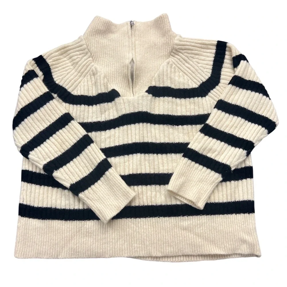 Love Change Italy Quarter Zip Sweater Womens XL Cream Black Striped Ribbed - Picture 1 of 8